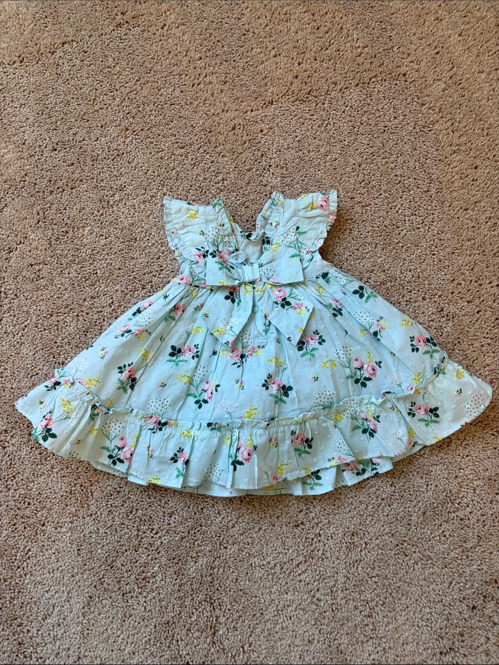 NWT  Baby Girl Light Blue Floral Ruffle Dress with Bow, lined & with bloomers.